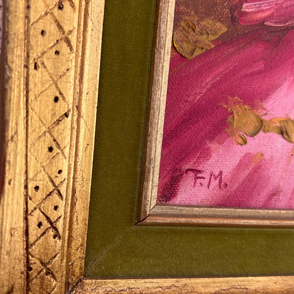 Vintage Italy Signed Oil Painting Gold Gilt Green Velvet Frame Girl W Flowers - Picture 8 of 16